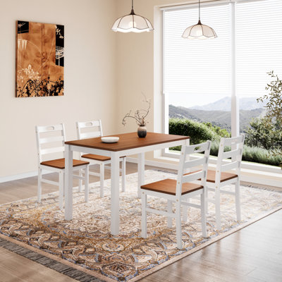 4-Person Farmhouse Dining Table Set, Space-Saving Solid Wood Kitchen Dining Set