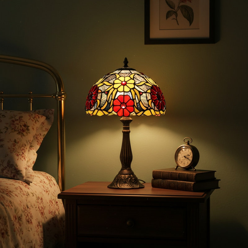 Lampe de table de style Tiffany Hantek, lampe florale rétro en verre coloré de 11,8 po avec base en métal, lampe de chevet E26 pour le salon de la chambre à coucher