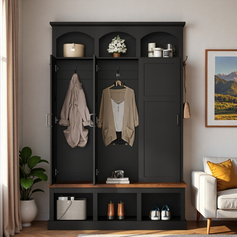 Farmhouse Arched Design Hall Tree With 3 Hidden Storage, 5 Hooks, Compartments Amd Bench, Black