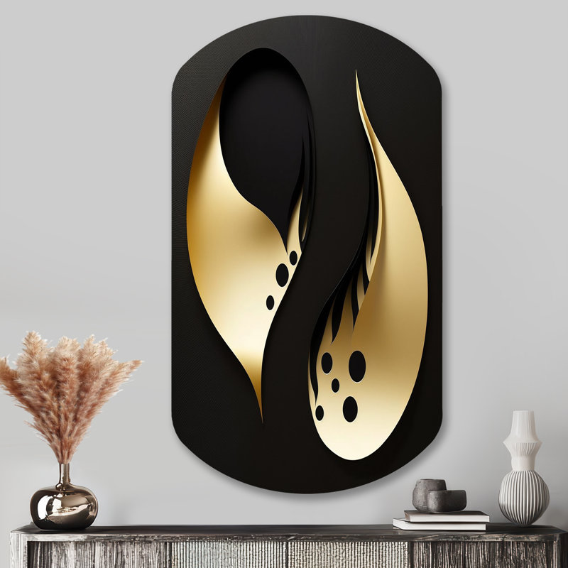 Gouttelettes dorées sur fond noir - art géométrique asymétrique moderne en métal, H 43 po x l 23 po