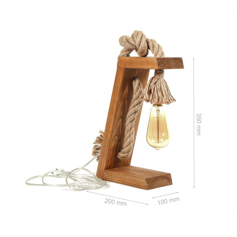 Lampe de table rustique faite à la main, brune et dorée, 7,9 x 13,8 x 3,9 pouces | Sapin 100% séché au four | IP20 | Câble de 2 m avec interrupteur marche / arrêt | Détail de corde de jute | Douille E27 de 40 W maximum | Parfait pour un décor moderne et rustique