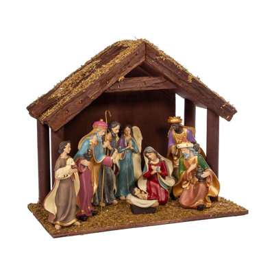Kurt Adler Nativity Set with Wooden Stable, 8 Piece