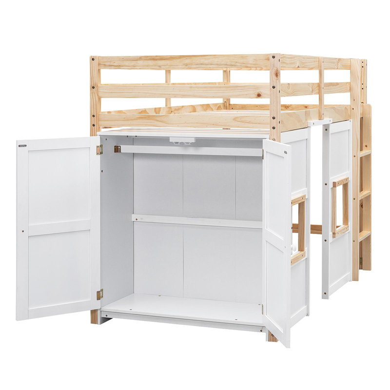 Lit mezzanine en bois avec garde-robe de rangement intégré et 2 fenêtres / blanc