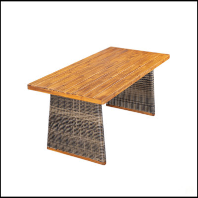 Table de salle à manger d'extérieur en bois d'acacia durable avec plateau à lattes et pieds en rotin, parfaite pour les repas en plein air élégants