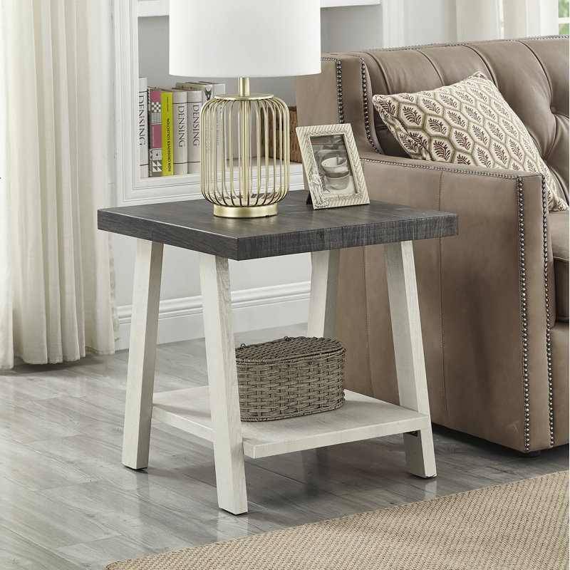 Table de bout contemporaine en bois bicolore gris anthracite et beige, H 23 po x l 22 po x P 24 po, Gris anthracite / beige