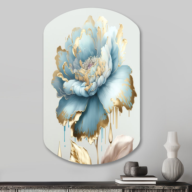 «Chic Blue Blooming Flower III - Fleurs cylindriques, art mural asymétrique en métal, H 31 po x l 19 po