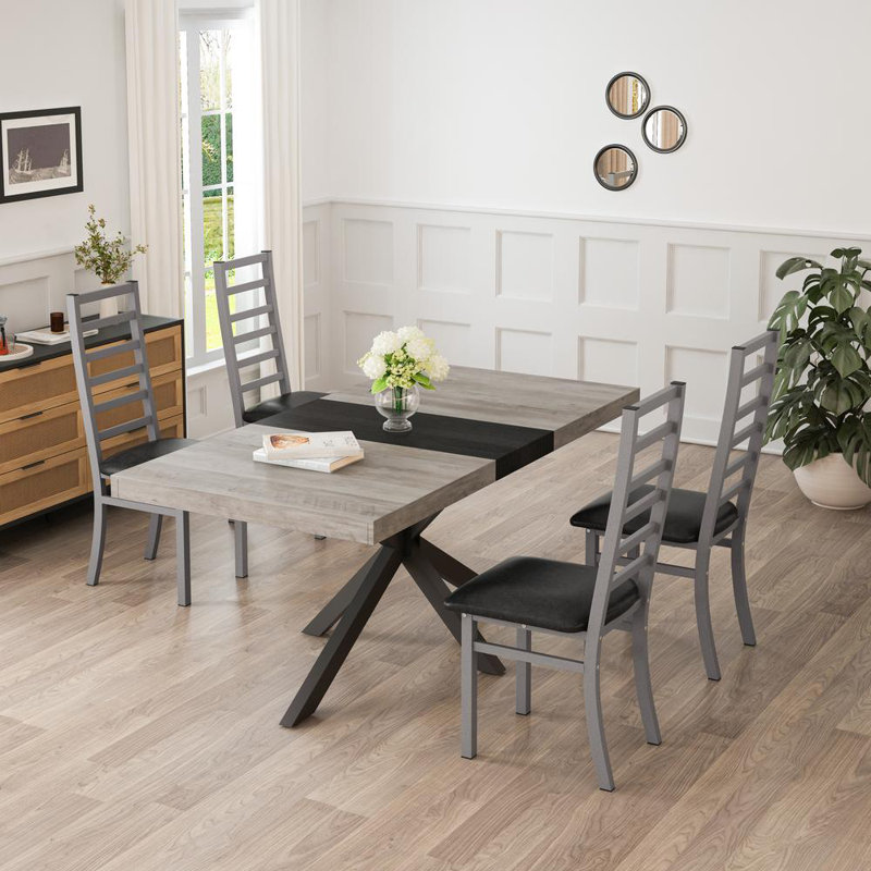 Retro Rectangular Stretch Dining Table, Stylish Simple Metal Dining Chair, Combination Set, Gray, Black/Gray