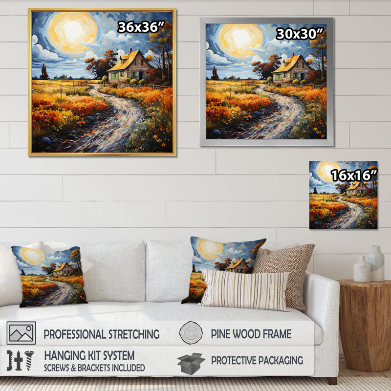 Farmhouse Timeless Abode Pointillism - Countryside Wall Art Living Room, Cadre simple blanc, H 36 po x l 36 po x P 1,5 po