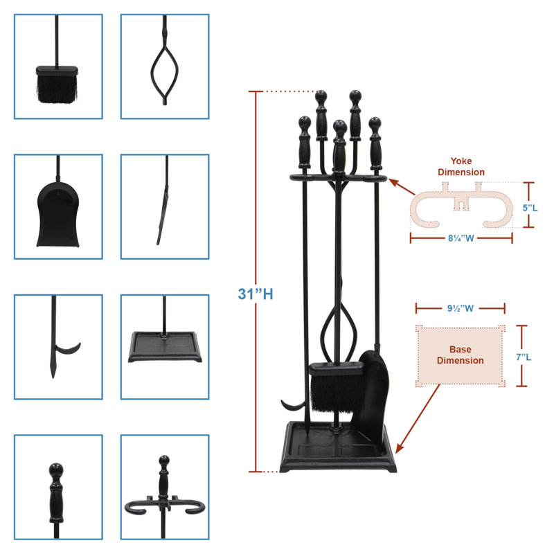 Ensemble d'outils de foyer en fer Verrett, H 30 po x l 6,70 po x P 9,75 po, Noir