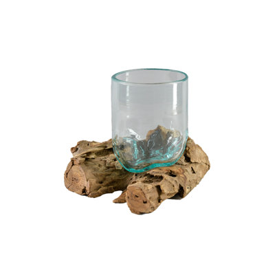 Loon Peak® Teak & Glass Vase, Cylinder Vase On Natural Teak Stump – Versatile Rustic Decor For Fresh Flowers, Succulent Planter, And Bohemian Home Accents, 13" Long, 11" Wide & 7.5" Tall