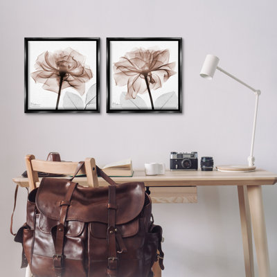 Ensemble de 2 toiles flottantes grises translucides avec fleurs roses, design par Albert Koetsier