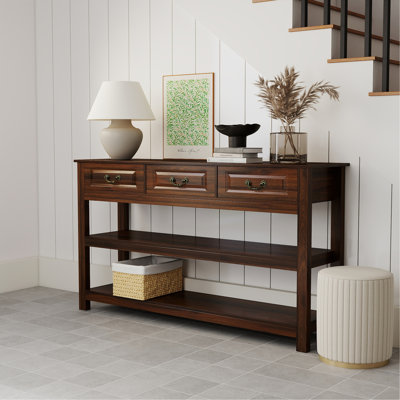 63 Inch Wood Console Table with 3 Drawers, Exquisite Recessed Molded MDF Drawer Fronts with Vintage Antique Metal Handles, 2 Open Storage Shelves, Thi