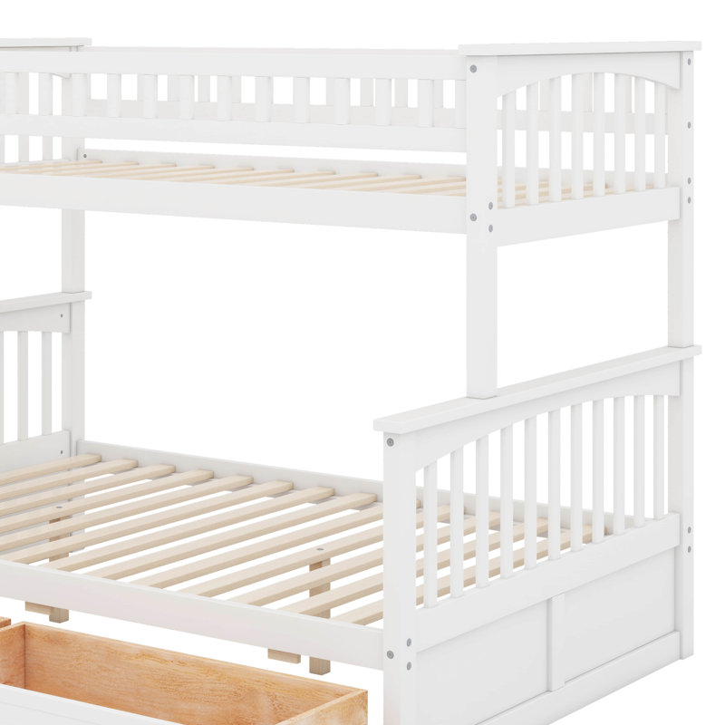 Lit simple superposé au dessus d'un lit double avec tiroirs, Blanc