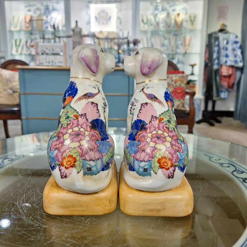 Tobacco Leaf Porcelain Dog Figurines Pair