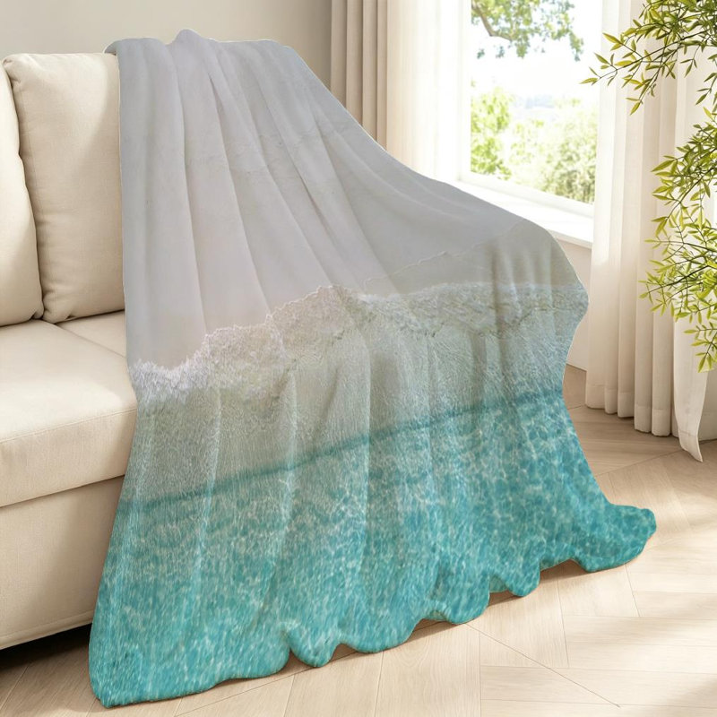Jeté en flanelle bleue ultra douce, imprimé vagues de mer turquoise, Jeté 40 po x 50 po
