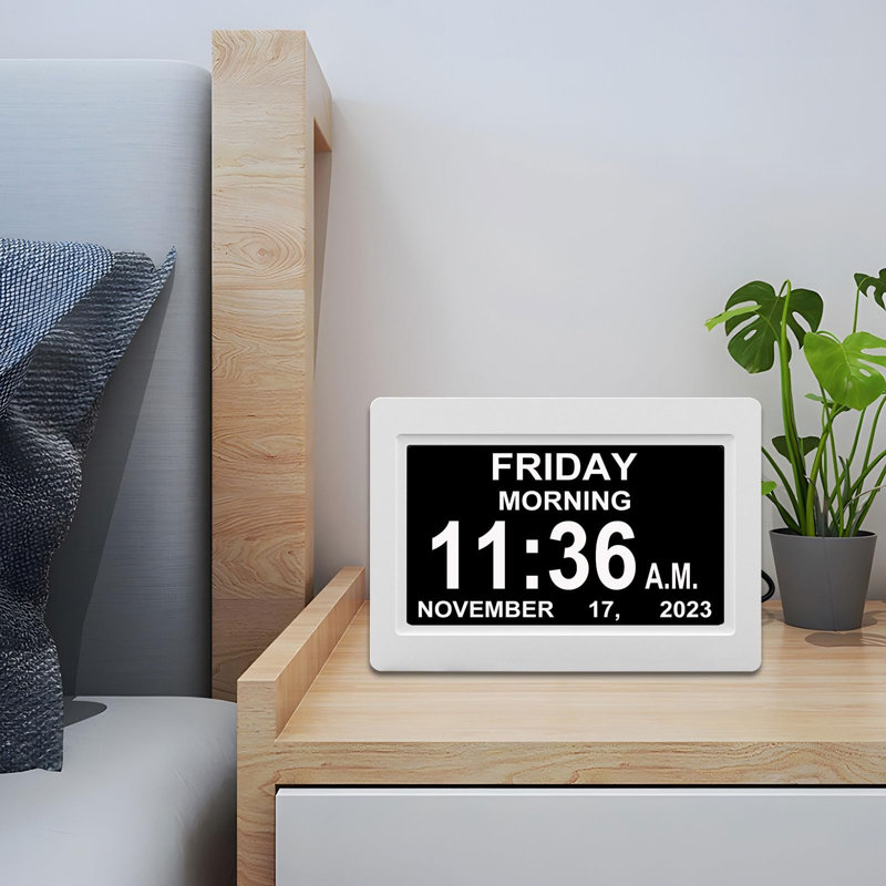 7-inch Calendar Clock with 12 Alarms, Auto Dimmable Display, Large Vision Impaired Digital Clock, White