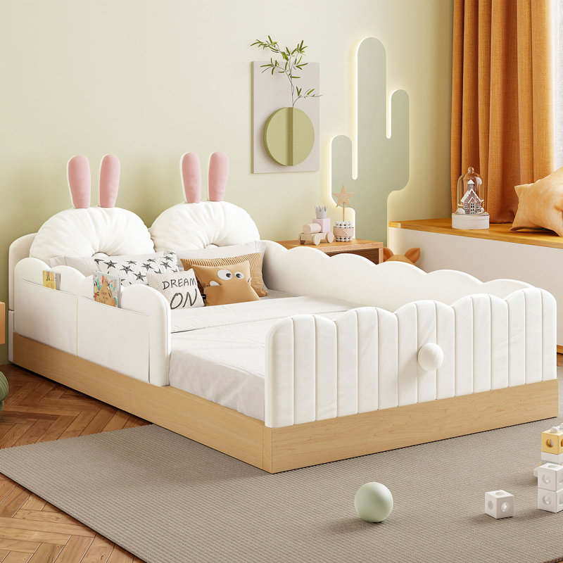 Lit plateforme simple tapissier avec coussins et sacs de rangement - Lit beige pour enfants et adolescents, Beige