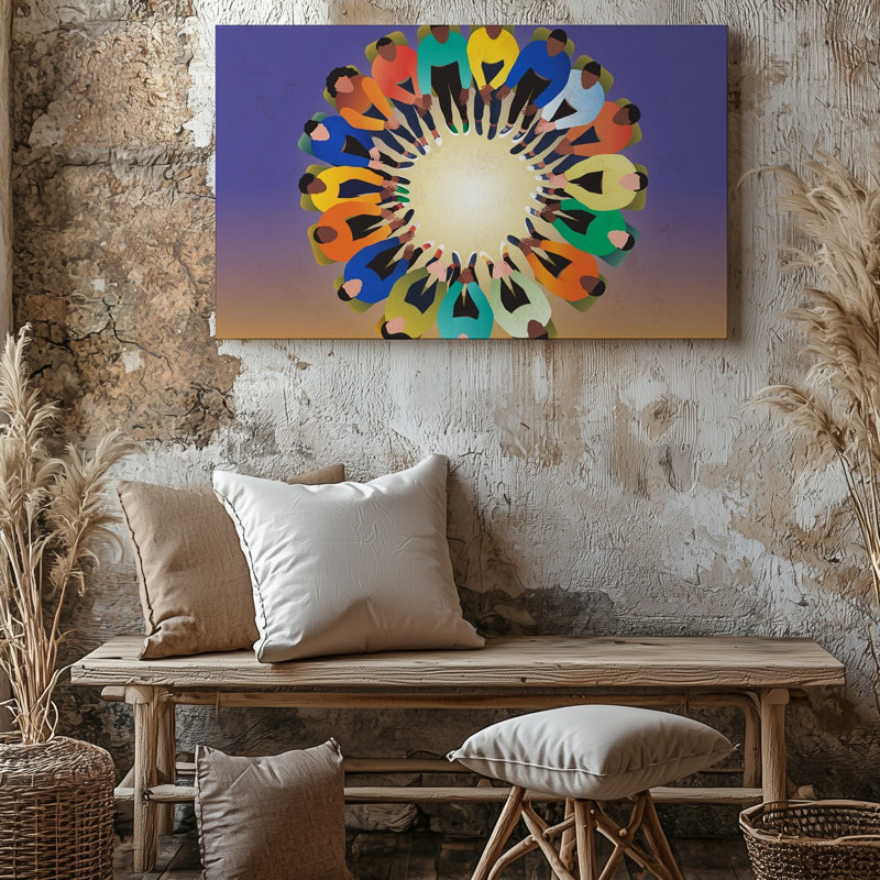 "Toile", une composition circulaire vibrante mettant en vedette des personnes de diverses origines civiles, art mural assis ensemble