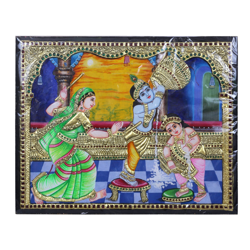 Lord Krishna volant Makhan Tanjore, peinture | Couleurs traditionnelles avec cadre en or 24 carats et cadre