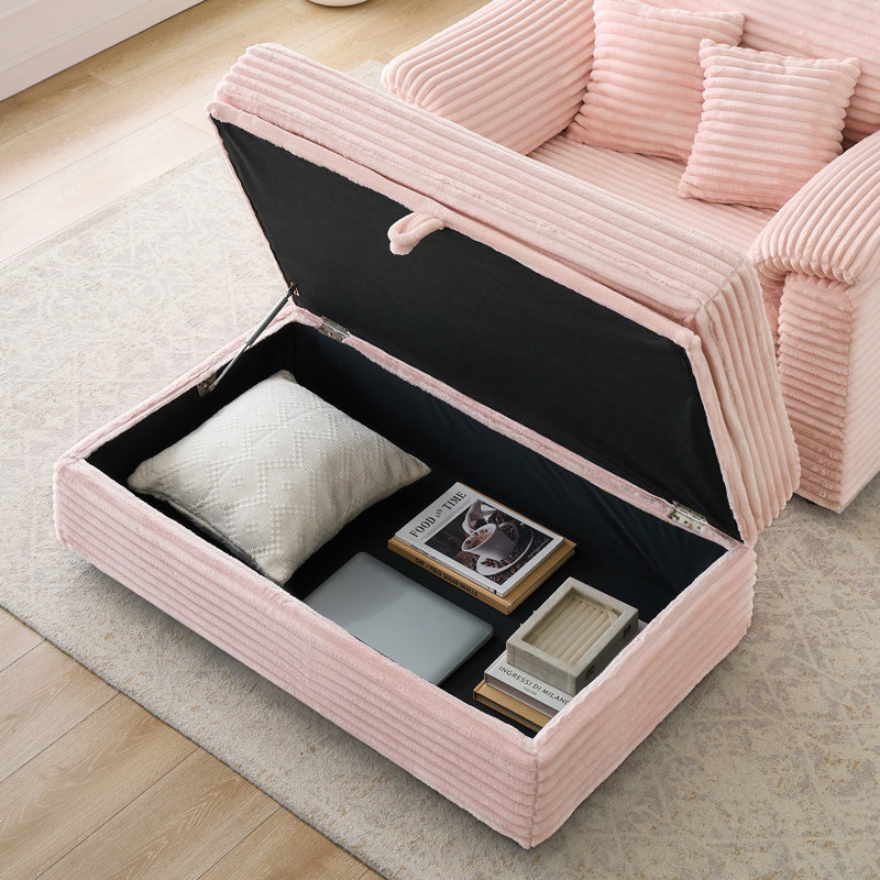 Fauteuil simple 47 po avec accoudoirs en velours côtelé avec rangement et repose-pieds USB, Rose