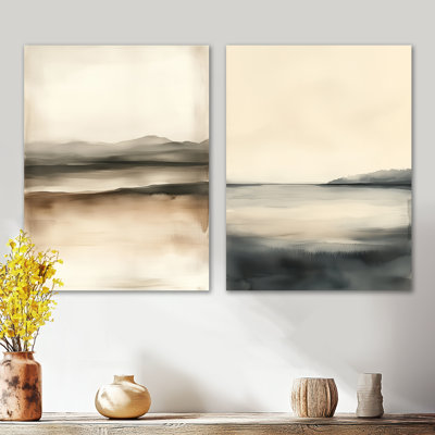 «Beige Lake Horizon, Calm Nature II», art mural 2 panneaux
