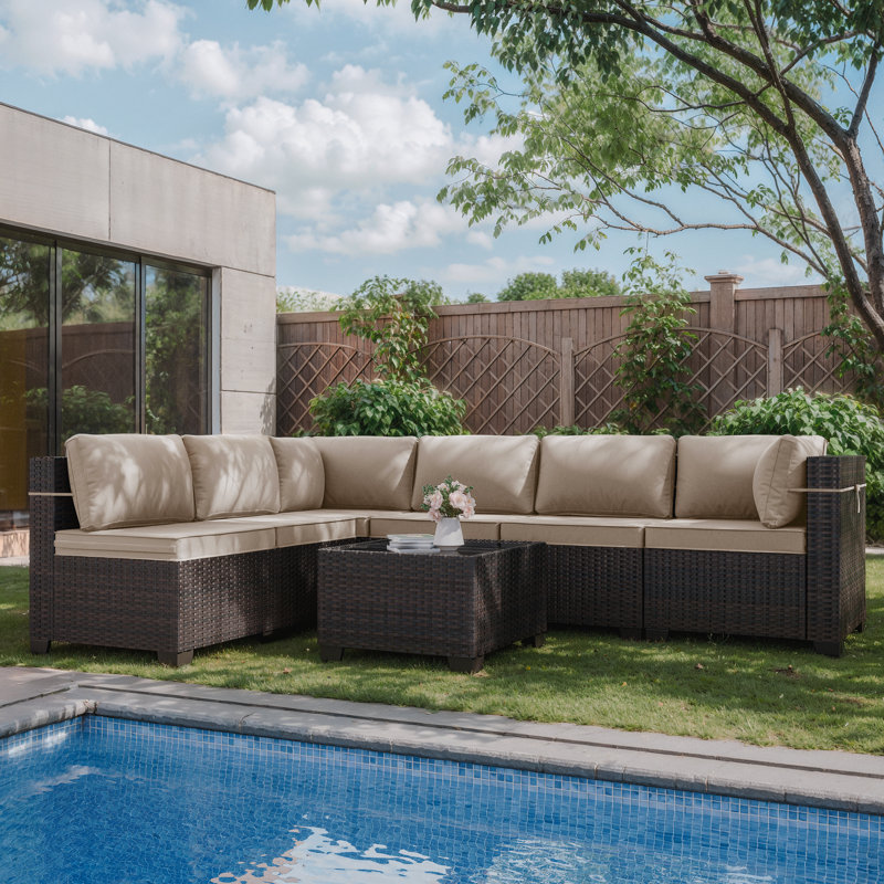 Canapé modulaire en osier 7 pièces en forme de L 7 pièces avec coussin, Sable