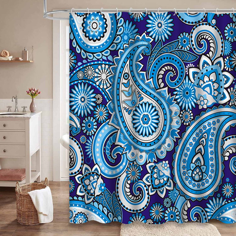 Rideau de douche traditionnel asiatique à motif cachemire bleu avec 12 crochets, L 72 po x l 72 po