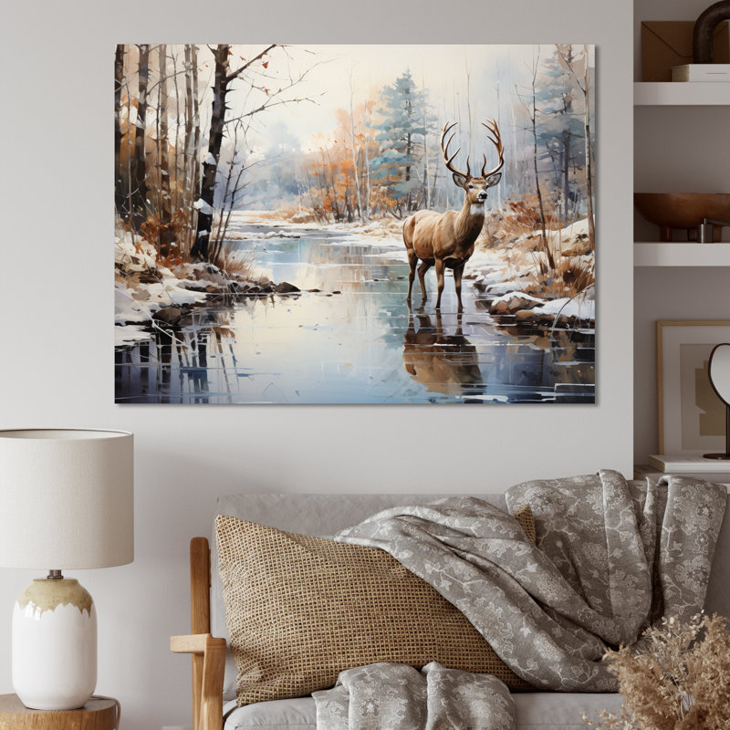 Cerf hiver sérénade - art mural grand cerf, Toile tendue, H 28 po x l 60 po x P 1,5 po