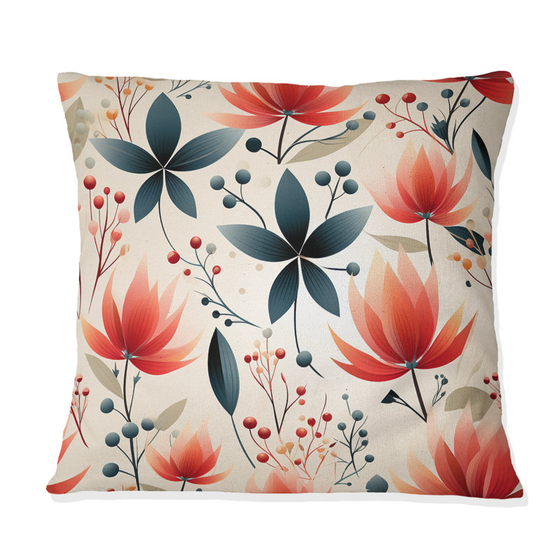 Élégant motif floral rouge III - Coussin décoratif à imprimé floral, H 16 po x l 16 po