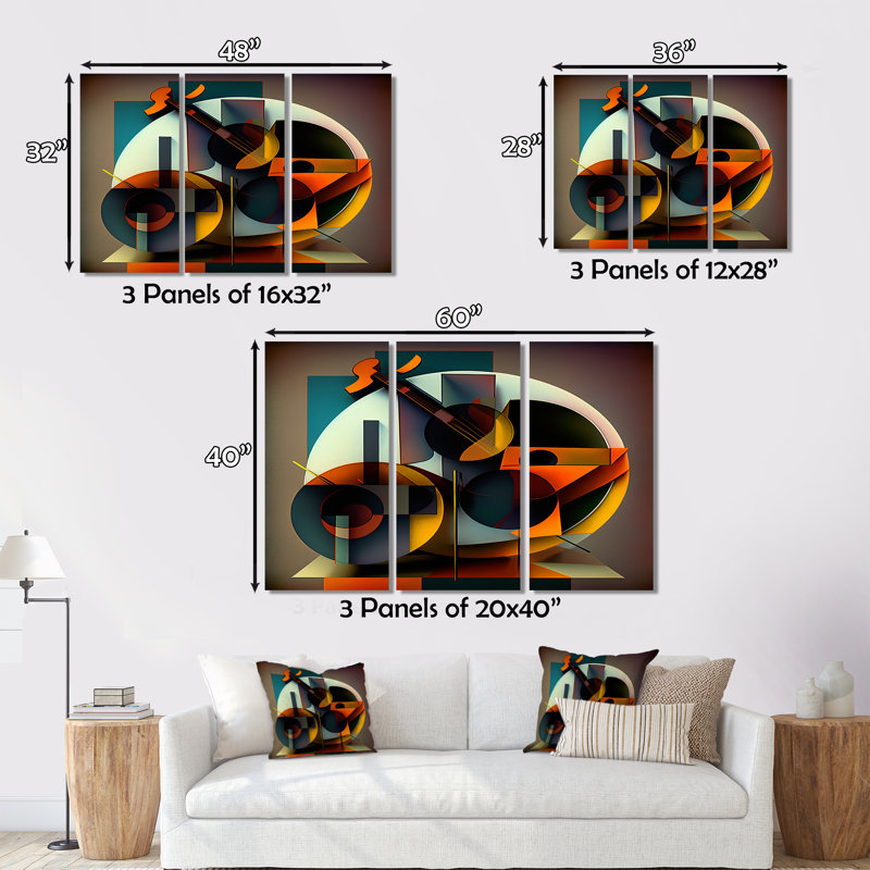 Abstrait, guitare rétro, géométrique, symphonie musicale sur toile, 3 pièces, H 28 po x l 36 po x P 1 po