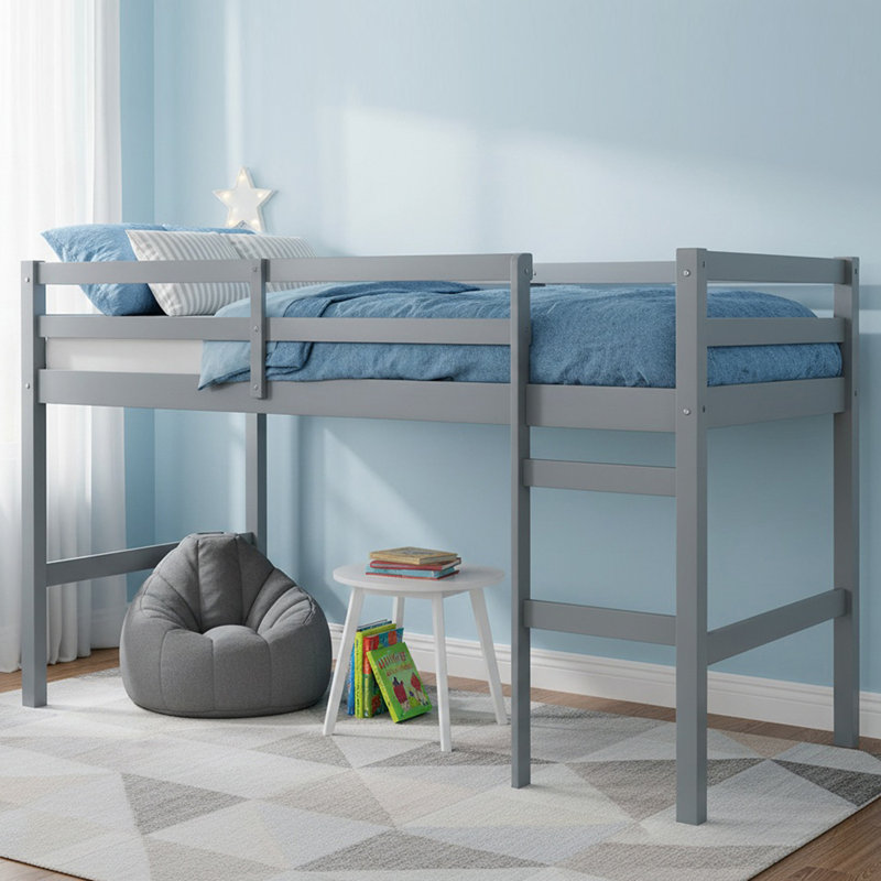 Solid Wood Twin Low Loft Bed with Ladder, Platform Bed with Strengthened Slats for Boys& Girls, Gray, Twin