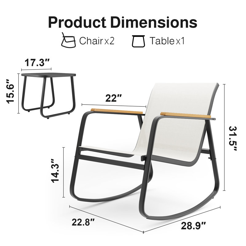 Ensemble de patio d'extérieur 3 pièces avec chaises berçantes en textilène et accoudoirs en bois massif, Blanc