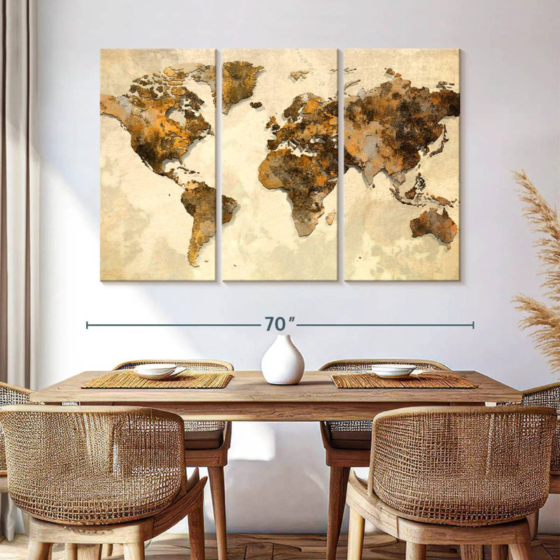Ensemble de carte du monde rustique sur toile 3 pièces, H 42 po x l 65 po x P 1,25 po