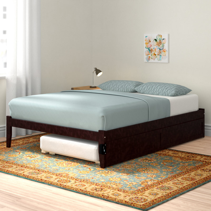 Lit plateforme robuste en bois massif avec lit gigogne Aayanna, Espresso, Simple TG