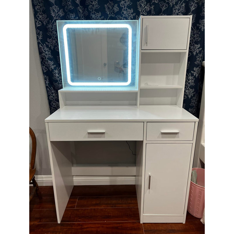 Vanity Desk With Mirror And LED Light Strip,Dressing Table With Large Drawer, 3 Level Storage Dresser & 3 Lighting Modes Adjustable Brightness