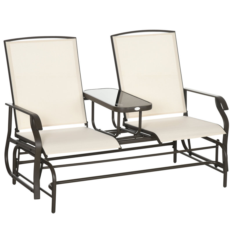 Outsunny Outdoor Glider Bench With Center Table, Metal Frame Patio Loveseat With Breathable Mesh Fabric And Armrests For Backyard Garden Porch, Beige