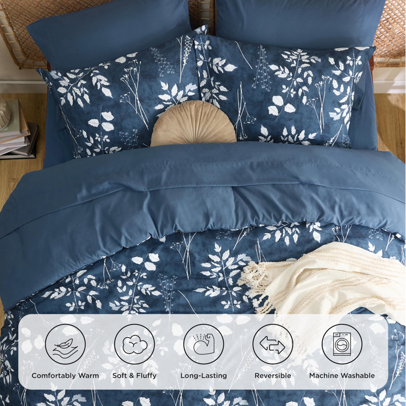 Bedsure Bed in a Bag - Reversible Floral & Plant Pattern Printed with Comforters, Sheets, Pillowcases & Shams, 89GSM, Navy