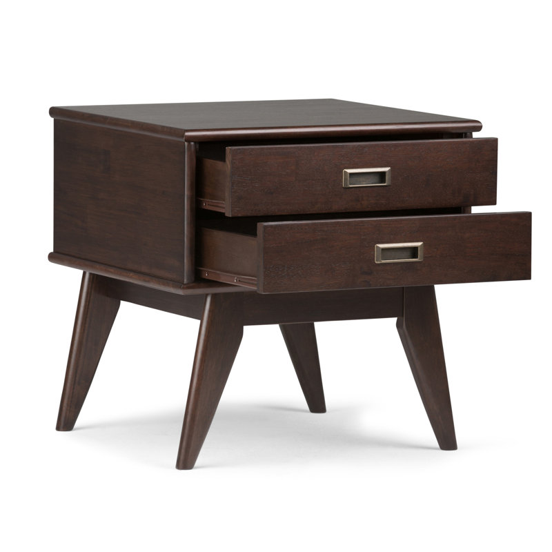 Draper 22"W Solid Wood Mid-Century Modern Rectangular End Table with 2 Storage Drawers, Auburn Brown