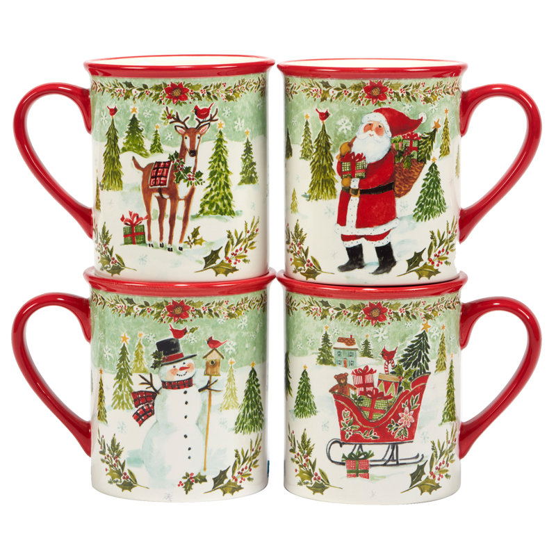 Joy of Christmas Red Ceramic 16 oz Mug Set of 4