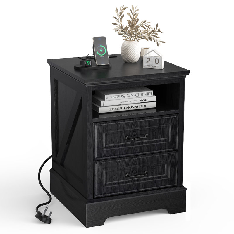 Farmhouse Nightstand, Bedside Table with Charging Station, Black, Individual