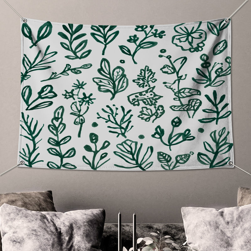 Tapisserie murale «Green Botanical Illustration» - feuilles, 68 po H x 80 po L avec 4 œillets