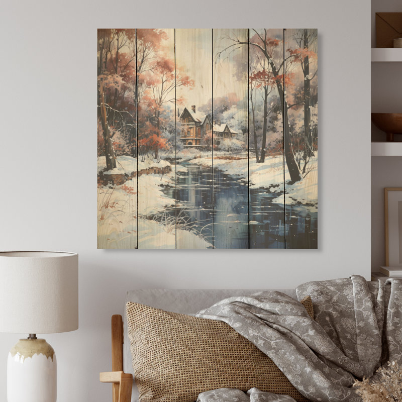 Cabine de rivière, charme de forêt en hiver - forêt de rivière, art sur bois de pin naturel, H 36 po x l 36 po