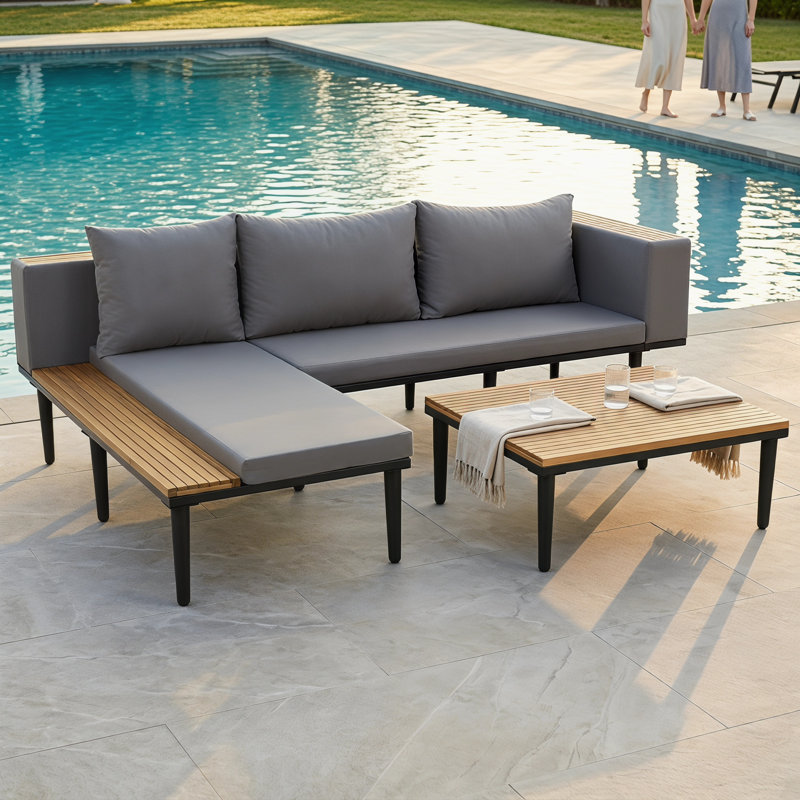 Ensemble de canapé modulaire d'extérieur en bois d'acacia 6 places avec coussins et table basse Luxury, Gris