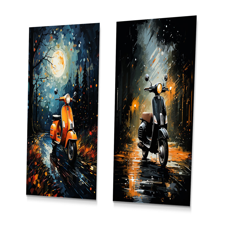 Night Street And Scooters - Ensemble de 2 décorations murales en métal Scooter, H 32 po x l 32 po