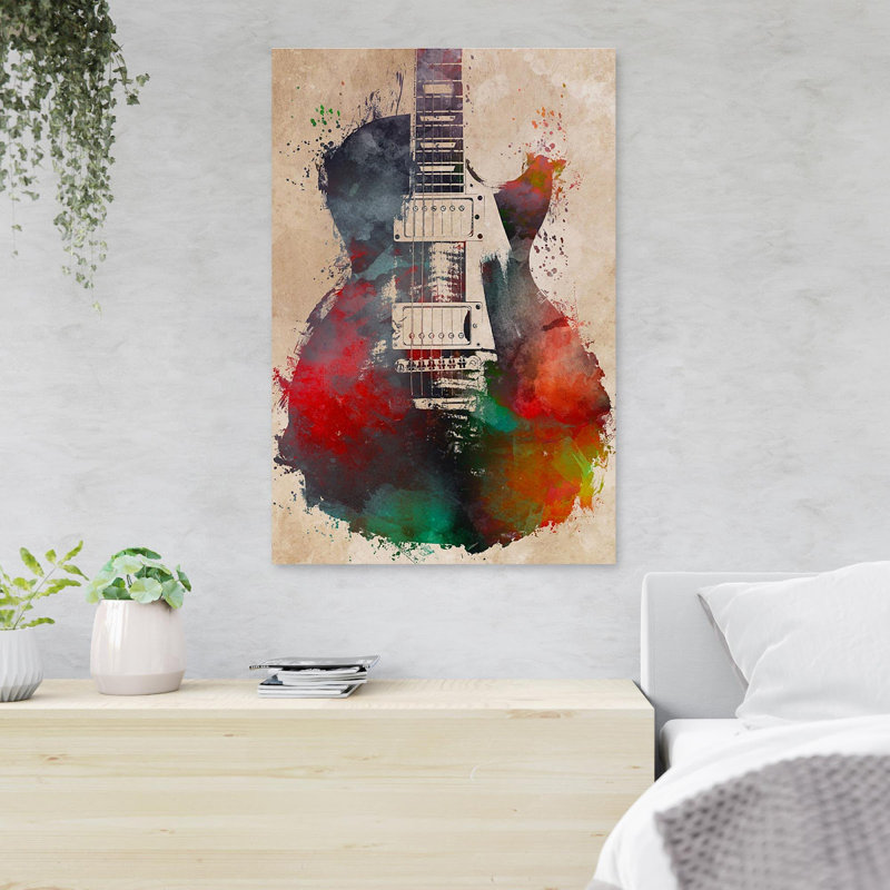 Guitare colorée sur fond brun, impression rectangulaire sur toile tendue 1 pièce, H 20 po x l 16 po x P 2 po
