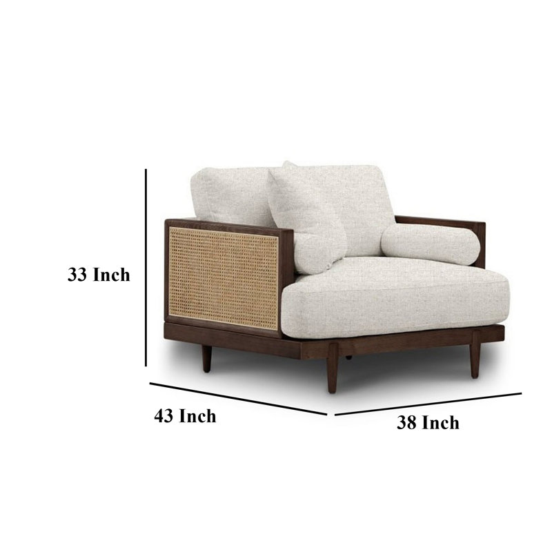 Chaise d'appoint Senu, accoudoirs tissés en rotin, blanc, bois massif brun, Noyer brun