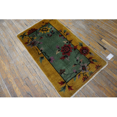 Knotted Chinese - Art Deco Antique 1920s Wool Small Scatter Size Rectangle Green Rug