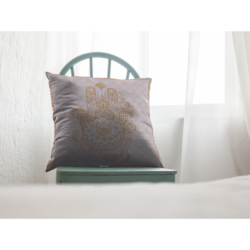 Gold and Gray 16" Faux Suede Hamsa Hand Throw Pillow