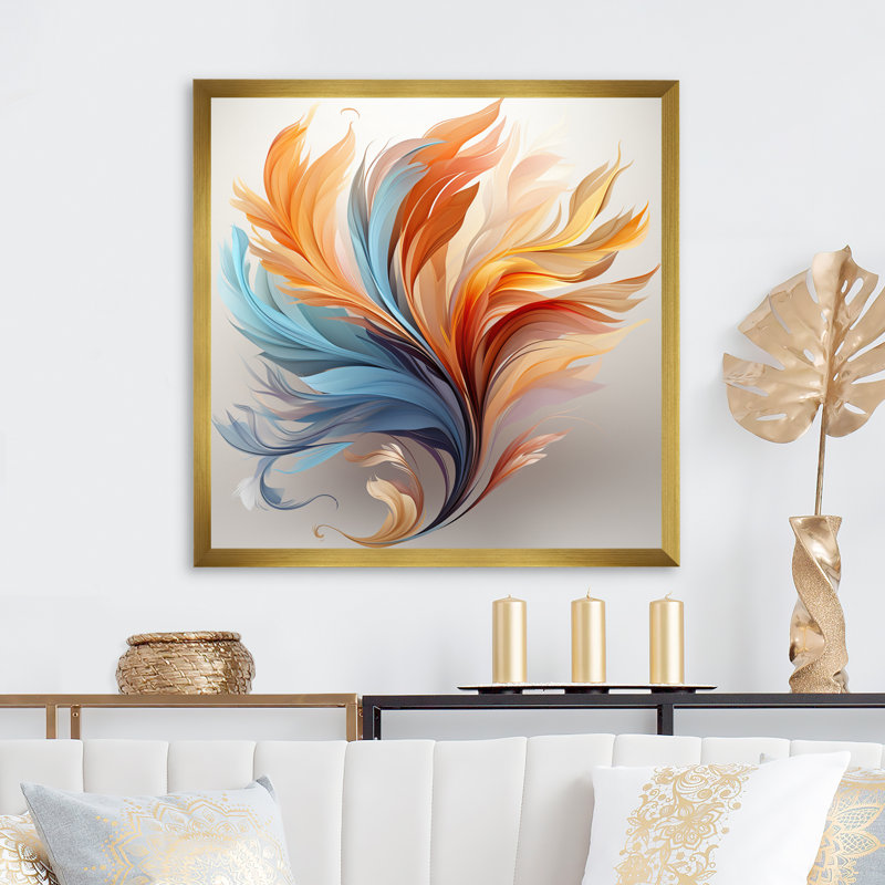 Fractale, plume bohémienne orange et turquoise - art mural plumes, H 36 po x l 36 po x P 1,5 po, Cadre doré simple