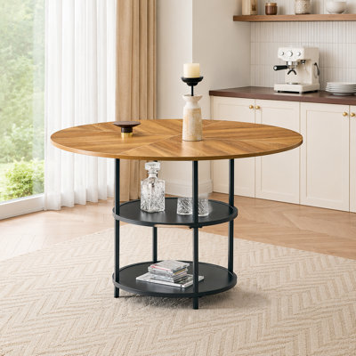 Table de salle à manger circulaire de 47,3 pouces de diamètre avec épissure moderne - rangement à double couche, conception en bois et en diagonale noire en forme d'éventail, interprétant l'esthétique et la fonctionnalité de la maison.